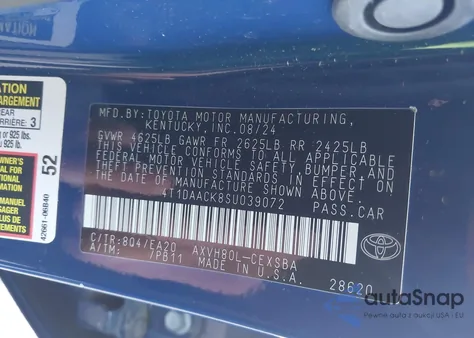 2025 Toyota Camry Se из США, поврежденный, VIN 4T1DAACK8SU039072